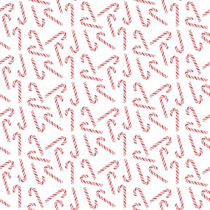 May include: A repeating pattern of red and white striped candy canes on a white background. The candy canes are curved and arranged in various orientations, creating a festive and cheerful design.