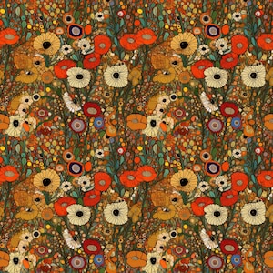 May include: A seamless pattern featuring a variety of flowers in shades of red, orange, yellow, white, and blue. The flowers are arranged in a random pattern against a brown background.