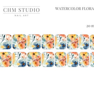 May include: Set of 10 watercolor floral nail art stickers, 20 mm in size. The stickers feature a light blue, yellow, and orange floral design.