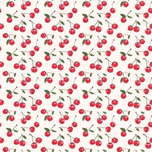 May include: A repeating pattern of red cherries with green stalks and leaves on a cream background. The cherries are drawn in a sketched style, creating a playful design. The pattern is evenly spaced and covers the entire surface, suitable for fabric or wallpaper.