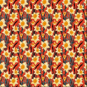 May include: A seamless pattern featuring yellow daffodils with orange centers on a red background. The daffodils are drawn in a stylized, hand-drawn style with black outlines.