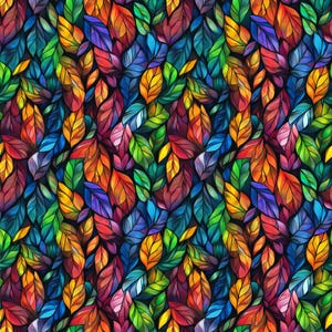 May include: A seamless pattern of colorful leaves in shades of red, orange, yellow, green, blue, and purple. The leaves are arranged in a random pattern and overlap each other. The background is black.