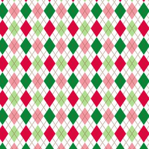 May include: A seamless pattern of red, green, and pink diamonds on a white background. The diamonds are arranged in a repeating pattern, creating a classic argyle design.