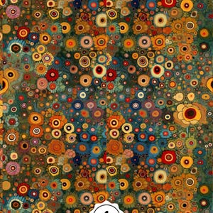 May include: An abstract floral pattern in a variety of colours, including yellow, orange, red, blue, and green. The design features numerous circular flower shapes with intricate details, creating a dense, all-over print. The overall effect is reminiscent of a painted artwork.