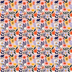 May include: A seamless pattern featuring a variety of colorful flowers and leaves on a light pink background. The flowers are in shades of pink, yellow, orange, and blue, and the leaves are green and navy blue.