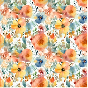 May include: Watercolor floral pattern featuring a repeating design of orange, yellow, and blue flowers with green leaves and accents. The flowers have detailed petals and dark centers, set against a white background. The design is suitable for fabric or wallpaper.