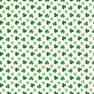May include: A seamless pattern of green shamrocks on a white background. The shamrocks are arranged in a repeating pattern, creating a festive and celebratory design.