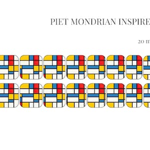 Könnte beinhalten: Set mit 10 Nagelaufklebern, inspiriert von der Kunst von Piet Mondrian. Jeder Aufkleber zeigt ein geometrisches Design mit roten, gelben, blauen und weißen Quadraten. Die Aufkleber sind 20 mm groß.
