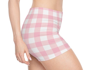 Pink Check Booty Shorts, Pinkcore Mid Waist Gym Shorts for Squat, Weight Lifting and Functional Fitness, Feminine Athletic Apparel for Women