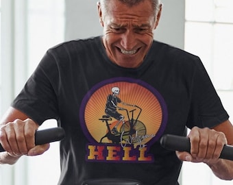 Funny Assault Bike Workout Shirt, Cardio Halloween Gym Shirt, Skeleton Riding Stationary Bicycle Fitness Tee