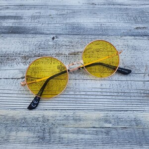 Small Light Yellow Round Sunglasses. Rose Gold Frames. UV protected.