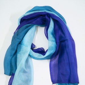 Sheer Silk Shawl in Blue Purple Teal, Featherlike Scarf, 100% Silk, Lightweight Long Neckwrap