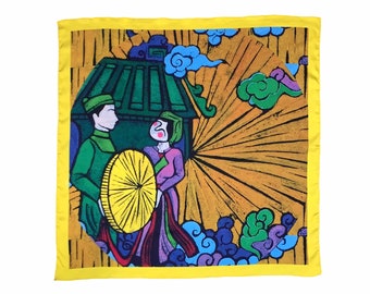 Vietnamese Folksong Art Scarf, Satin Square Scarf, Silk Neckerchief, Original Art Scarf, Square Scarf 27.5x 27.5 inches/70x70 cm