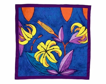 Lily Flower Art Scarf, Satin Square Scarf, Blue Yellow Purple Art Scarf, Square Scarf 27.5x 27.5 inches/70x70 cm