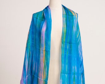 Silk Shawl in Blue Teal, Turquoise Summer Wrap, Long Silk Scarf, Large Scarf 30x70 inches