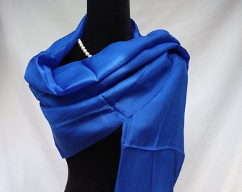 NEW Silk Scarf in Royal Blue, Large Silk Shawl, Blue Evening Wrap for Women, Ceylon Blue Shawl, Formal Event Fringed Shawls 24x72 inches