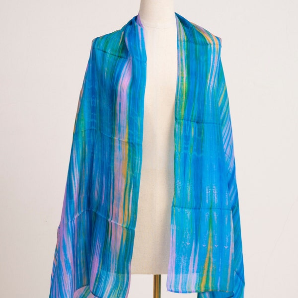 Silk Shawl in Blue Teal, Turquoise Summer Wrap, Long Silk Scarf, Large Scarf 30x70 inches