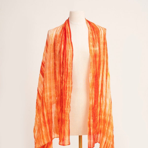 100% Silk Shawl in Orange/Burnt Orange, Boho Silk Scarf, Multicolored Wrap, Large Mediumweight Silk Scarf 30x70'' No Fringe