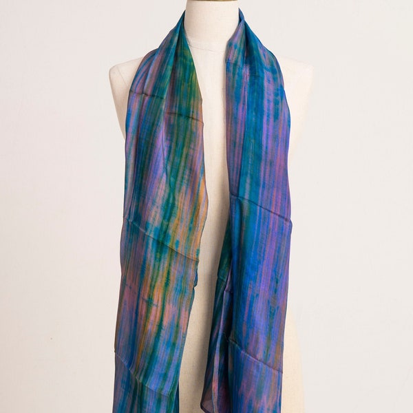 Silk Shawl in Lapis Deep Blue Indigo Yellow, Summer Silk Wrap, Long Silk Scarf, Large Scarf 30x70 inches