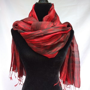 Hand-Painted Mulberry Silk Scarf: Red & Black Fringe Shawl