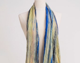 Hand-Painted Mulberry Silk Shawl: Blue & Yellow Boho Scarf (30x70'')