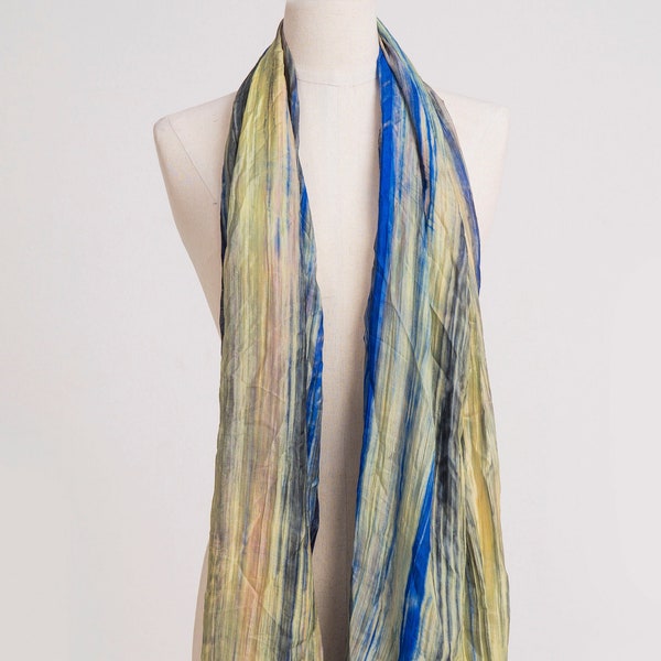 100% Silk Shawl in Blue Yellow, Boho Style, Hand painted Shawl, Large Long Scarf 30x70'' No Fringe