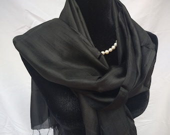 Black Mulberry Silk Scarf: Handwoven 100% Silk Shawl (24x72 inches)