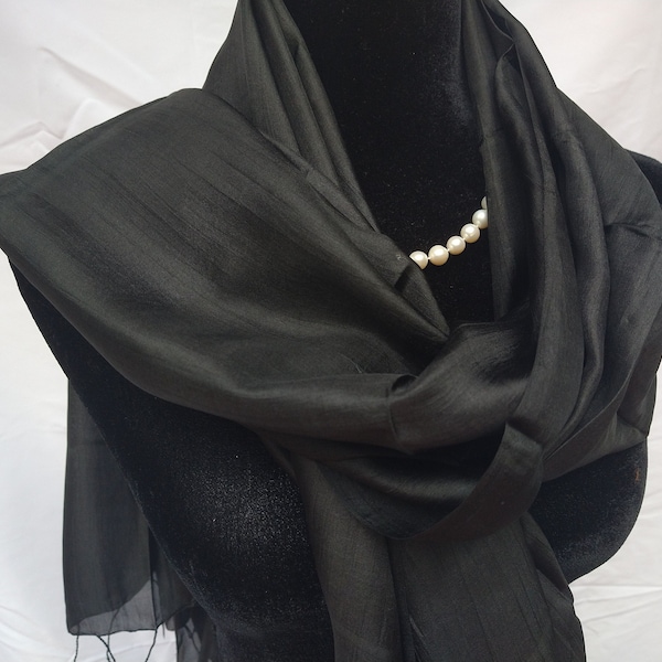 Pure Black Silk Scarf, 100% Silk Shawl, Black Scarf for Halloween, Black Shawl, Funeral Shawl, Large Gauze Scarf 24x72 inches