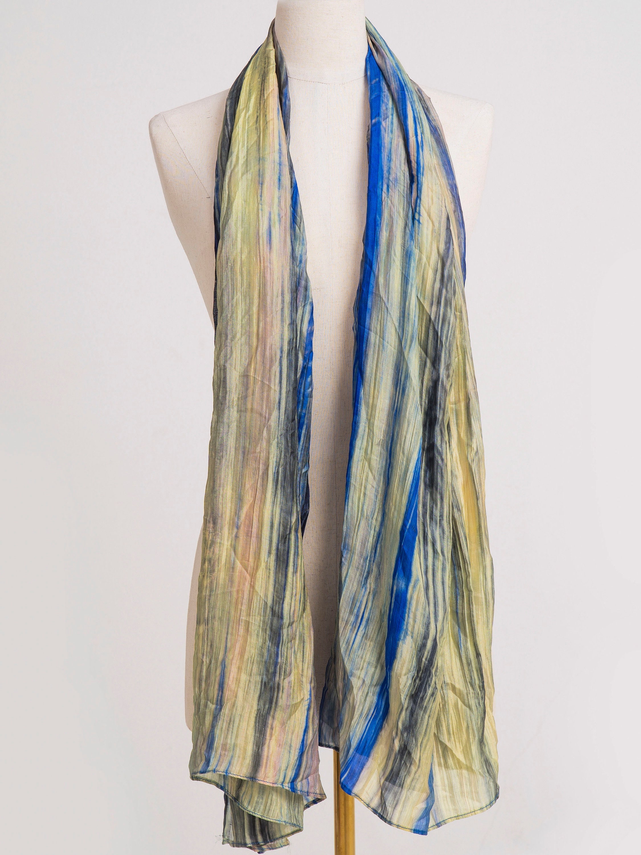 Yellow and Blue Pattern Mulberry Silk Neck Scarf 100% Mulberry Silk Scarf for Women - Long 59 main image 3