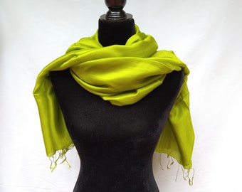 NEW Silk Scarf in Apple Green, Lime Green Shawl, Large Silk Shawl, Long Scarf 24x72 inches