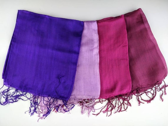 Purple Scarf, Bridesmaid Scarf, Sheer Silk, Magenta/lilac/indigo Shawl,  Wedding Wrap, Real Silk, Long Scarf 24x72 Inches 