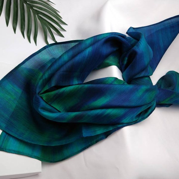 Deep Ocean Blue Silk Scarf, Peacock Blue Large Square Scarf, Raw Silk Scarf 34x34 inch