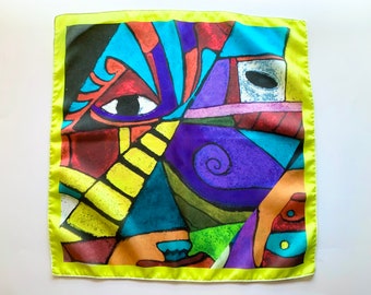 Abstract Art Scarf, Silk Neckerchief, Real Silk Scarf, Silk Bandana 16x16 inches