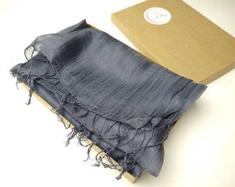 Grey Silk Scarf, 100% Silk Shawl, Charcoal Sheer Silk Scarf, Large Gauze Scarf 24x72 inches