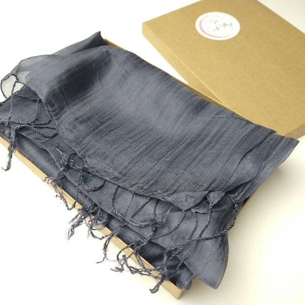 Grey Silk Scarf, 100% Silk Shawl, Charcoal Sheer Silk Scarf, Large Gauze Scarf 24x72 inches