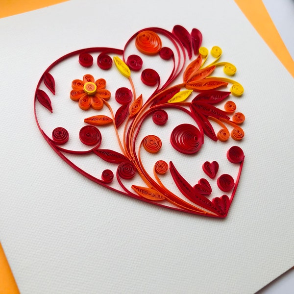 Heart Quilling Card, Love Quilled Card, Heart Bloom Flowers, Wedding Anniversary Gift, Card for Him, Card for Her, Folding Card 6x6