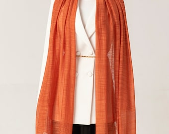 Orange Linen Silk Scarf: Handwoven Lightweight Wrap (30x70 inches)