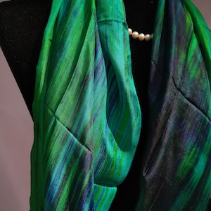 Handwoven Mulberry Silk Shawl: Green Ocean Blue Scarf with Fringe (30x70&#39;&#39;)