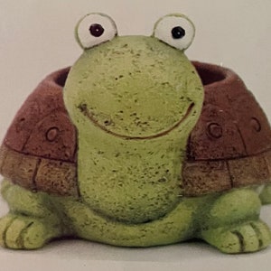 May include: A ceramic turtle planter with a smiling face. The turtle has a green head and feet, a brown shell, and large, cartoonish eyes. The planter is designed to hold small plants or flowers.