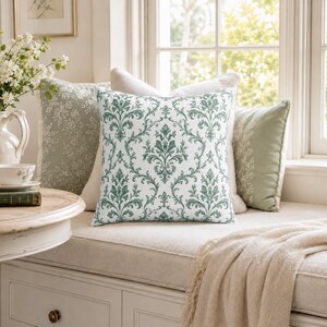Green Damask Pattern Spun Polyester Square Pillow | Classic Floral Decorative Cushion