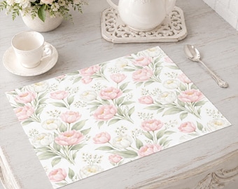Mantel individual con estampado de tulipanes rosa pálido / Decoración floral para mesa