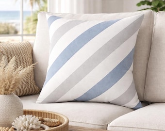 Funda de almohada a rayas azul grisáceas / Cojín decorativo clásico a rayas / Cojín decorativo de estilo rústico costero