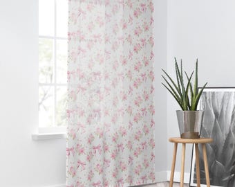 Cortina transparente con lazo floral, cortinas rosas para habitación infantil