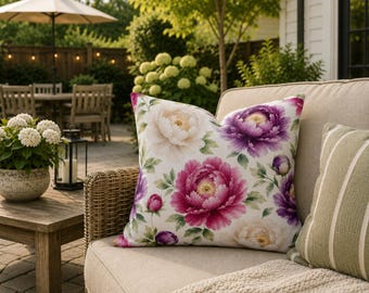 Purple White Pink Watercolor Peonies Outdoor Pillows | Floral Accent Cushion
