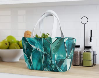 Vibrant Stylish Lunch Bag - Teal Print Tote for Work, School, Picnics, Eco-Friendly Lunch Organizer, Trendy Carrier, Gift Idea