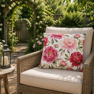 May include: A square throw pillow featuring a vibrant floral pattern of pink, red, and white peonies with green leaves on a white background, resting on a light beige outdoor armchair with a woven frame and a matching light beige seat cushion.