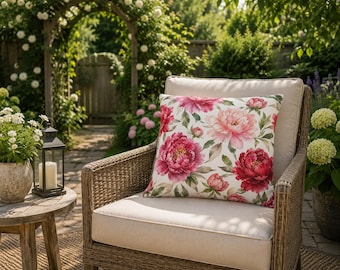 Pink Peonies Watercolor Outdoor Pillows | Floral Throw Cushion