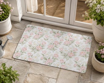 Felpudo de poliéster con tulipanes rosas en acuarela / Felpudo floral para entrada