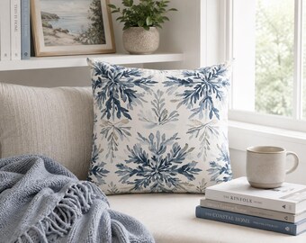 Cojín con diseño de copos de nieve azules y blancos de un país de las maravillas invernal, cojín decorativo para el hogar, cojín navideño, decoración navideña, decoración de temporada.