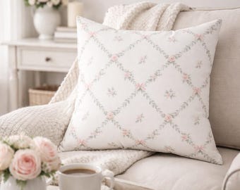 Kussensloop met Franse bloemen, vintage cottagecore-sierkussen, blauw botanisch kussen, kussen boerderijdecor
